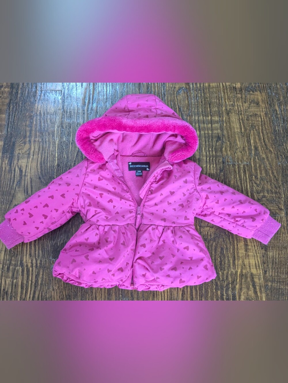 Rothschild Bright Pink Heart-Print Hooded Puffer Jacket